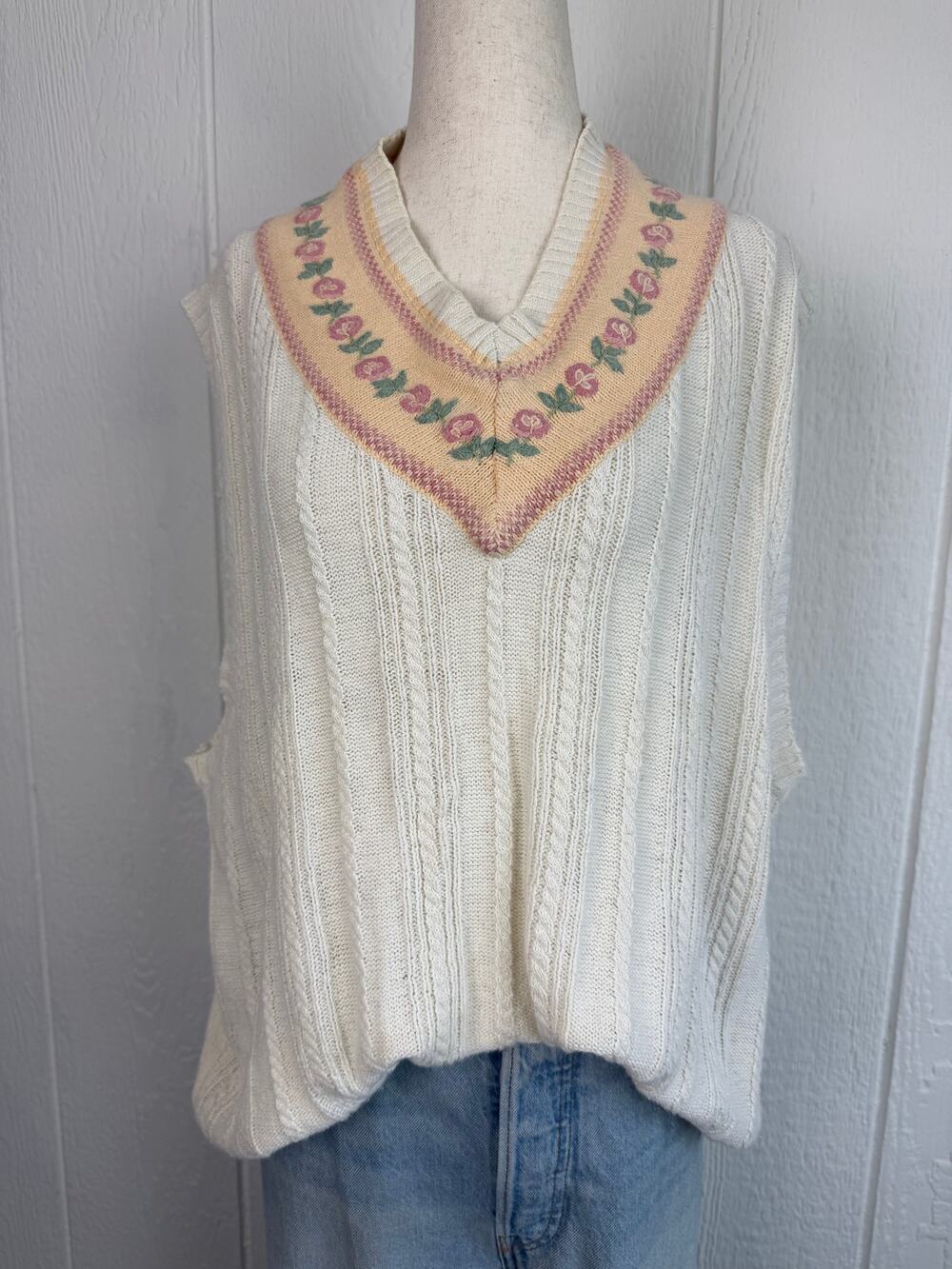 Vintage Northern Reflections Sweater Vest XL Ramie Cotton Floral Embroidered